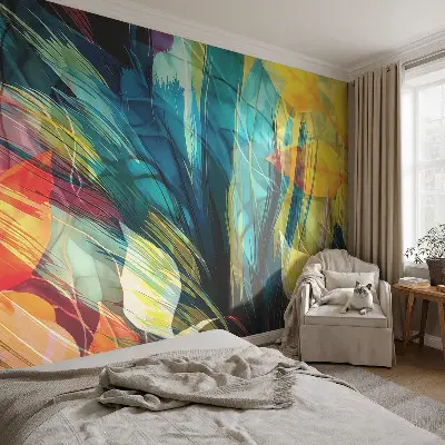 38D-Fototapete fürs Schlafzimmer mit abstraktem Blättermotiv