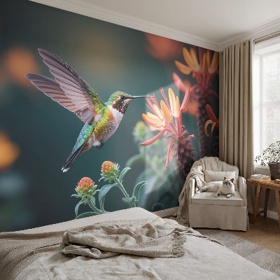Selbstklebende Fototapete mit Kolibri- und Blumenmotiv