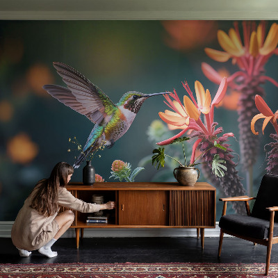 Selbstklebende Fototapete mit Kolibri- und Blumenmotiv