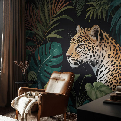 Selbstklebende Fototapete fürs Wohnzimmer mit exotischem Leopardenmotiv