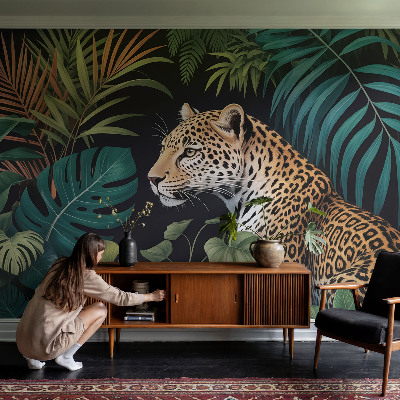 Selbstklebende Fototapete fürs Wohnzimmer mit exotischem Leopardenmotiv