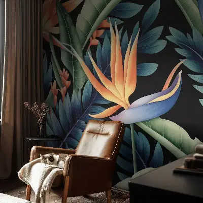 43D-Fototapete fürs Wohnzimmer mit paradiesischem Motiv