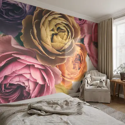 Fototapete in 3D-Optik mit bunten Rosen