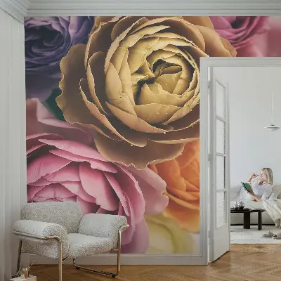 Fototapete in 3D-Optik mit bunten Rosen