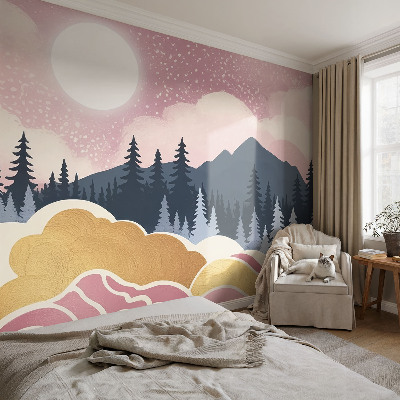45D-Fototapete fürs Wohnzimmer mit rosa Sonnenuntergangs-Motiv