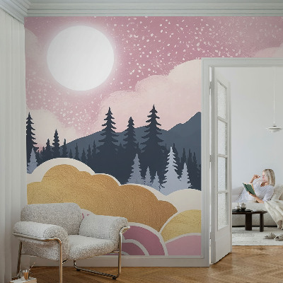 45D-Fototapete fürs Wohnzimmer mit rosa Sonnenuntergangs-Motiv
