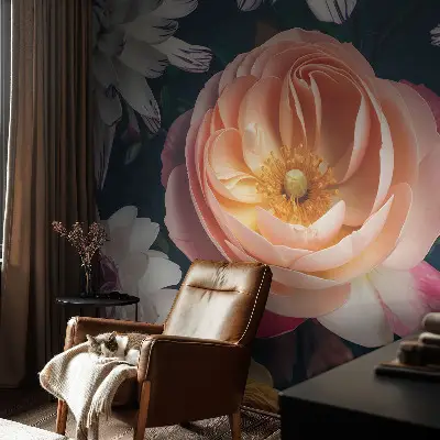 Selbstklebende Fototapete fürs Schlafzimmer mit floralem Muster in sanften Farbtönen
