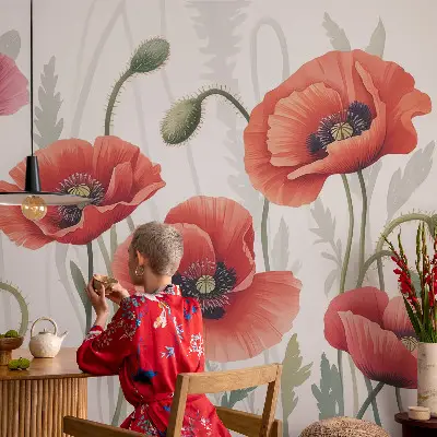 Selbstklebende Fototapete fürs Schlafzimmer mit rotem Mohnblumen-Motiv