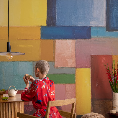 Selbstklebende Fototapete fürs Wohnzimmer mit bunten Rechtecken