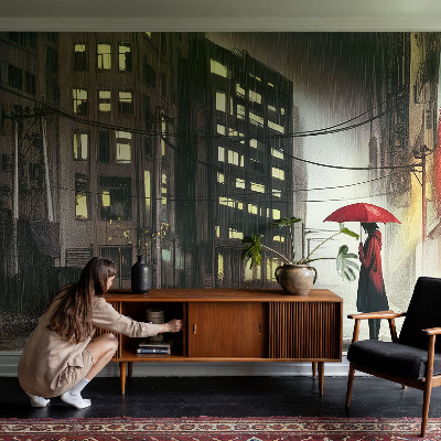 Moderne Fototapete nach Maß mit Motiv einer regnerischen Stadt