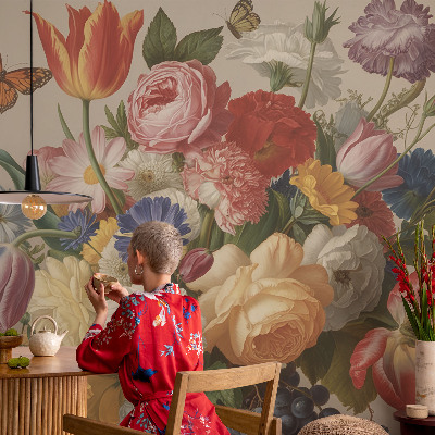 Moderne Fototapete nach Maß Blumen und Schmetterlinge