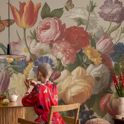 Moderne Fototapete nach Maß mit Blumen- und Schmetterlingsmotiv