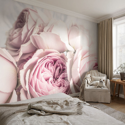 Motivtapete fürs Wohnzimmer mit rosa Rosenmuster