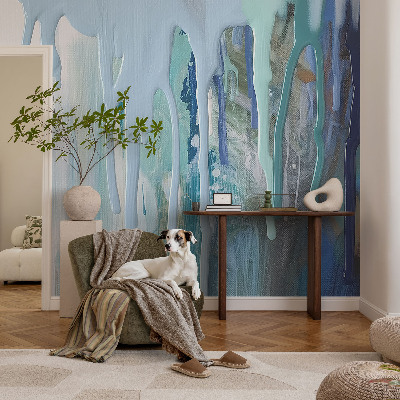 Motivtape­te fürs Wohnzimmer mit blauem Kaskadenmotiv