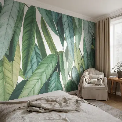 53D-Fototapete fürs Wohnzimmer mit natürlichem Blättermotiv