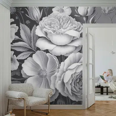 Motivtapete nach Maß mit grauem Blumenmuster