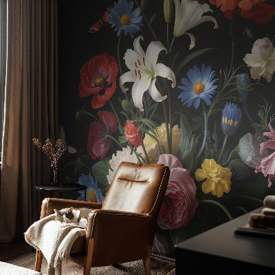 Motivtapete fürs Wohnzimmer mit Blumen- und Insektenmotiv