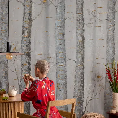 64D-Fototapete fürs Wohnzimmer mit Birkenmotiv