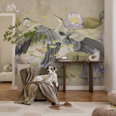 Vintage Tapete mit Motiv aus Vögeln und Lilien