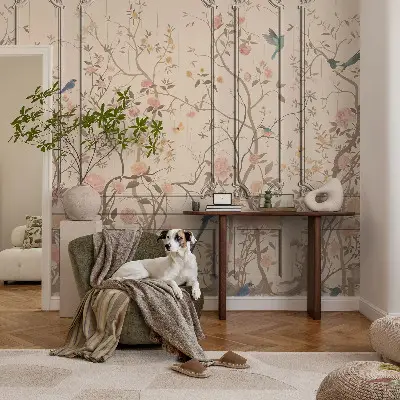 Motivtapete fürs Wohnzimmer mit Blumen- und Vogelmotiv