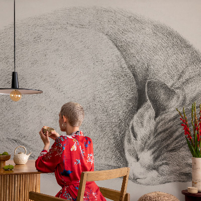 Selbstklebende Fototapete mit zusammengerollter Katzenillustration