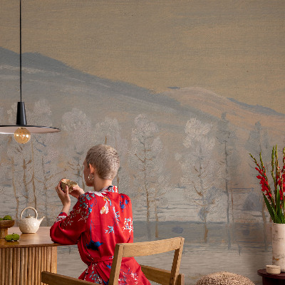 Selbstklebende Fototapete fürs Schlafzimmer mit Motiv einer Winterlandschaft