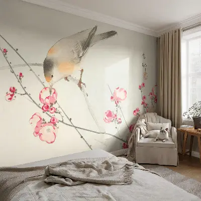 Selbstklebende Fototapete mit Blumen- und Vogelmotiv