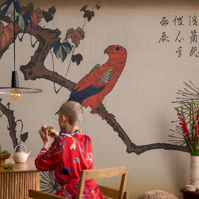 Selbstklebende Fototapete fürs Kinderzimmer mit einem Motiv eines Vogels auf einem Ast