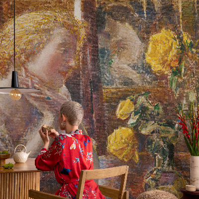Selbstklebende Fototapete fürs Kinderzimmer mit Motiv einer Frau, umgeben von Rosen
