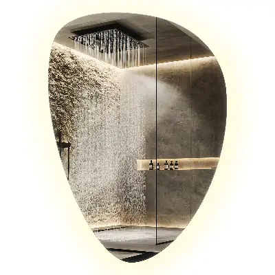 LED Wandspiegel in Eiform mit hängender Lichtquelle