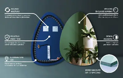 LED Wandspiegel in Eiform mit hängender Lichtquelle