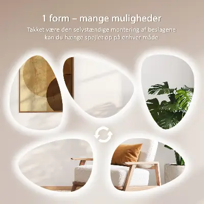 LED Wandspiegel in Eiform mit hängender Lichtquelle