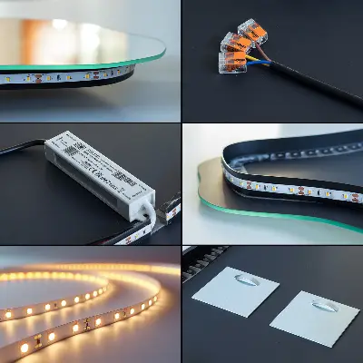 LED Wandspiegel in Eiform mit hängender Lichtquelle