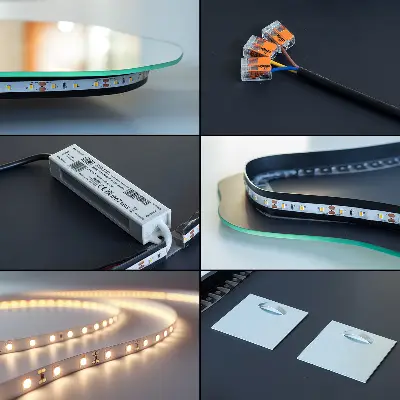 LED Wandspiegel in Eiform mit hängender Lichtquelle