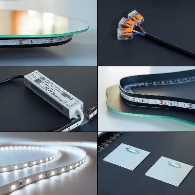 LED Wandspiegel in Eiform mit hängender Lichtquelle