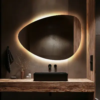 LED Wandspiegel in Eiform mit hängender Lichtquelle