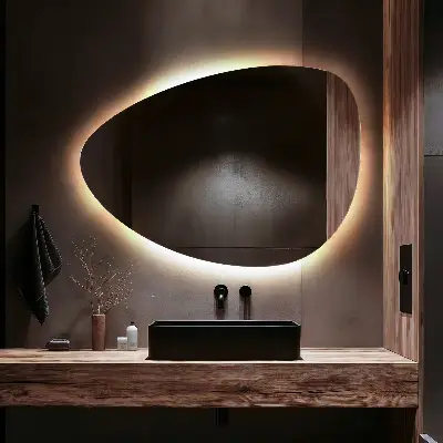 LED Wandspiegel in Eiform mit hängender Lichtquelle