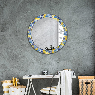 Runder Spiegel mit bedrucktem Rahmen Blau blumen