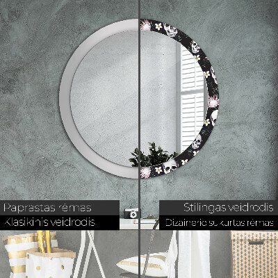 Runder Spiegel mit bedrucktem Rahmen Totenköpfe blumen