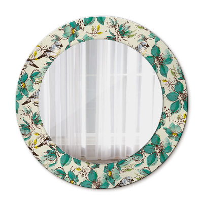 Runder Spiegel mit dekorativem Rahmen Blumen und vögel