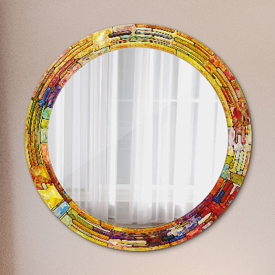 Runder Spiegel mit bedrucktem Rahmen Bunt gebeizt glas