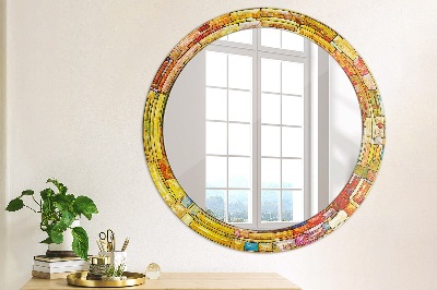 Runder Spiegel mit bedrucktem Rahmen Bunt gebeizt glas