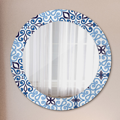 Runder Spiegel mit bedrucktem Rahmen Blau arabisch muster