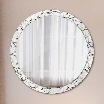 Runder Spiegel mit bedrucktem Rahmen Spatzen vögel äste