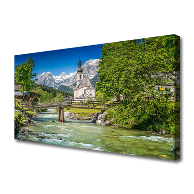 Canvas Kunstdruck Kirche Brücke See Bäume Natur