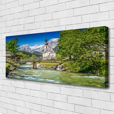 Canvas Kunstdruck Kirche Brücke See Bäume Natur
