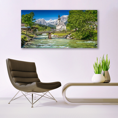 Canvas Kunstdruck Kirche Brücke See Bäume Natur