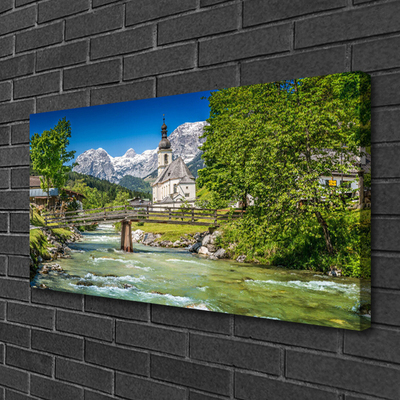 Canvas Kunstdruck Kirche Brücke See Bäume Natur