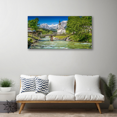 Canvas Kunstdruck Kirche Brücke See Bäume Natur