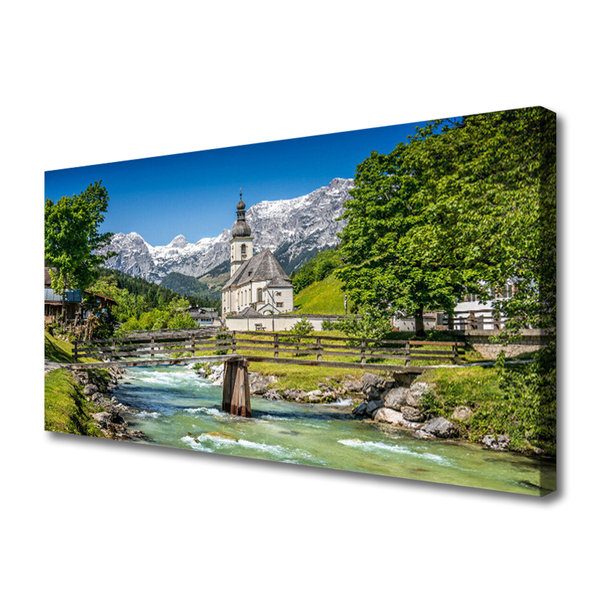 Canvas Kunstdruck Kirche Brücke See Natur